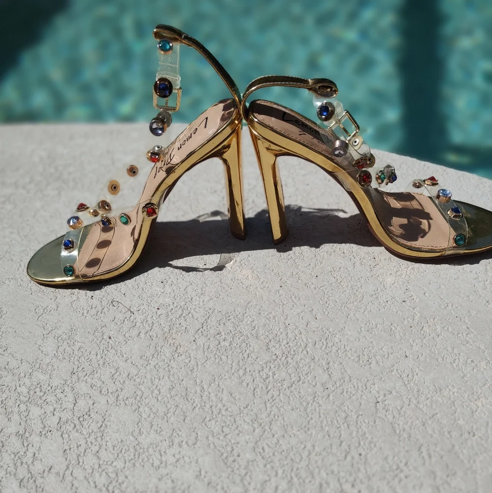 Dainty Minimal Gold Heels With Colorful Stones On Straps - Picture 8 of 14